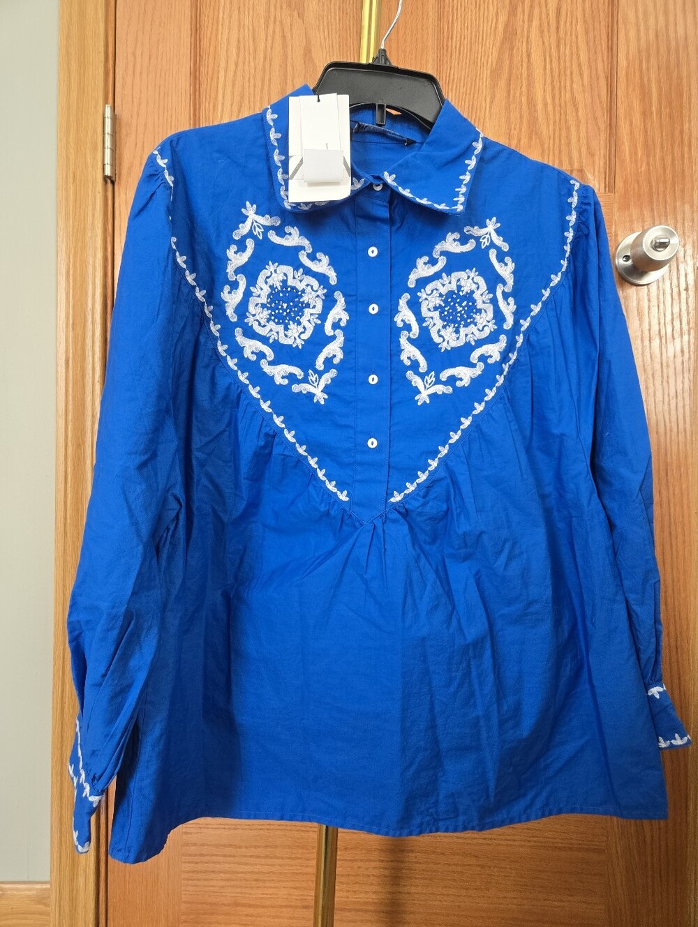 NWT Zara Royal Blue Embroidered Western Yoke Blouse Oversized Boho Top Size Smal